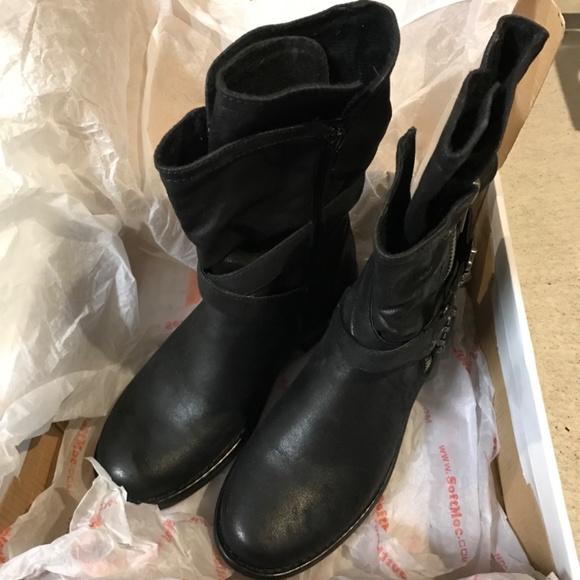 SoftMoc Mid Calf Combat Boots Women's Size 37 US 6 - 6.5 Black Zipper - Picture 3 of 5